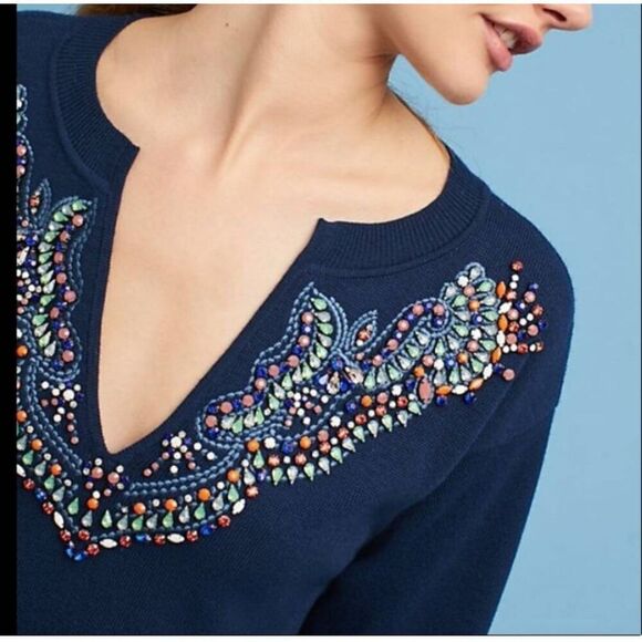 Anthropologie Moth Jeweled Embellished Split V Neck Navy Sweater Sz L - Picture 2 of 9